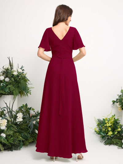 A-Line Asymmetric Chiffon Maxi Dress | V-Neck Short Sleeve Bridesmaid & Wedding Guest Dress #color_jester-red