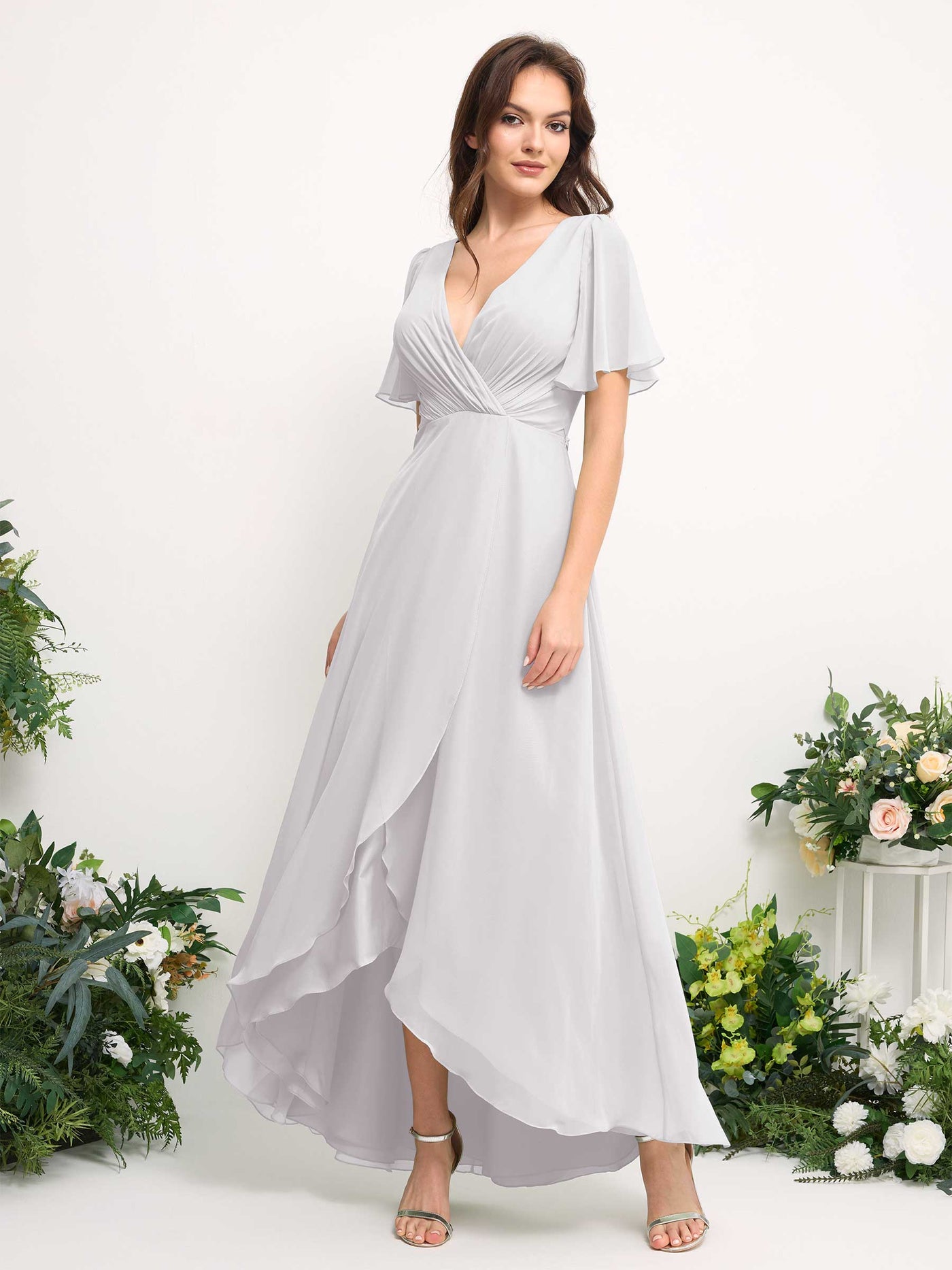 A-Line Asymmetric Chiffon Maxi Dress | V-Neck Short Sleeve Bridesmaid & Wedding Guest Dress #color_white
