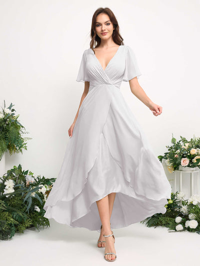 A-Line Asymmetric Chiffon Maxi Dress | V-Neck Short Sleeve Bridesmaid & Wedding Guest Dress #color_white