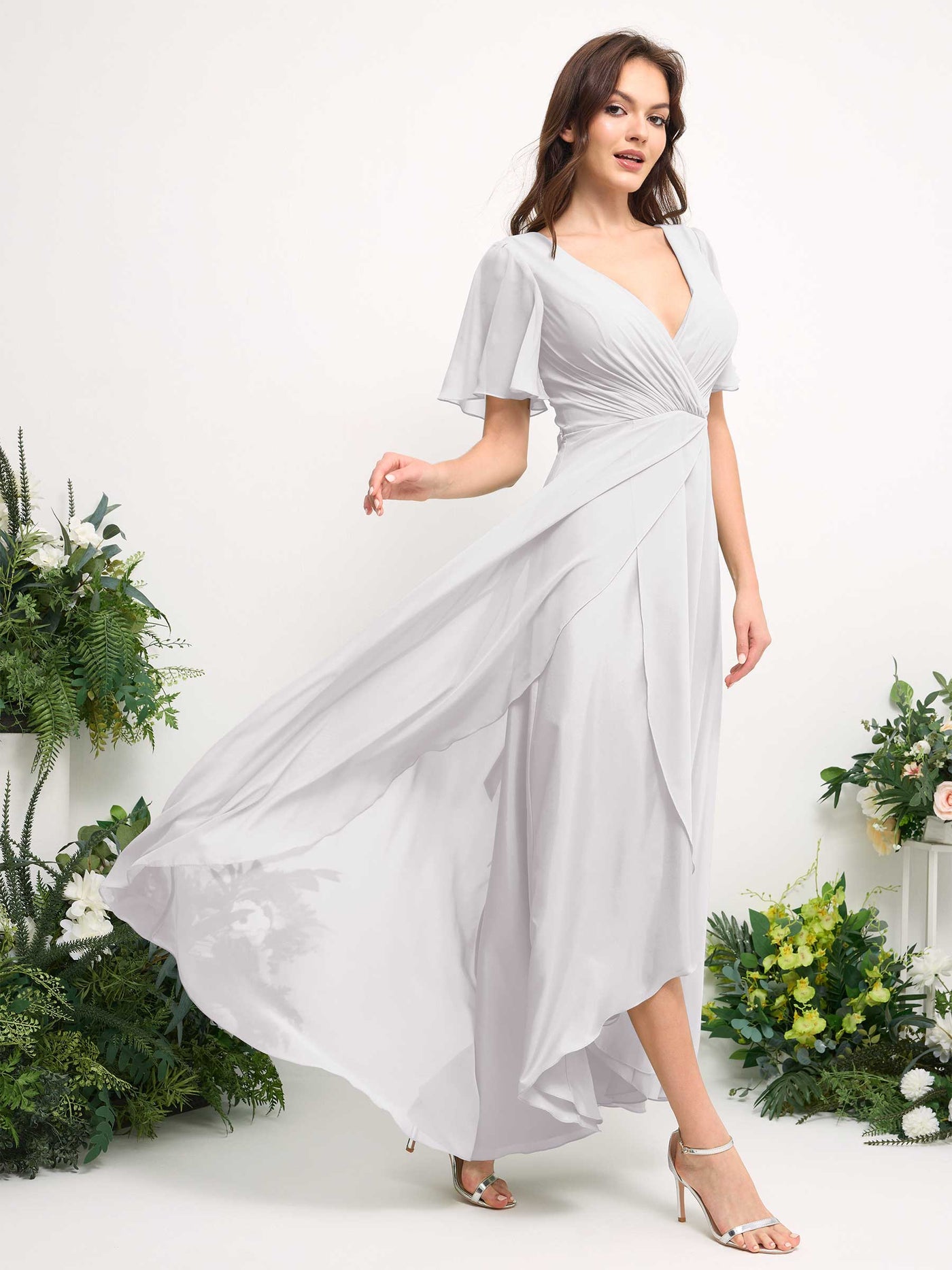 A-Line Asymmetric Chiffon Maxi Dress | V-Neck Short Sleeve Bridesmaid & Wedding Guest Dress #color_white