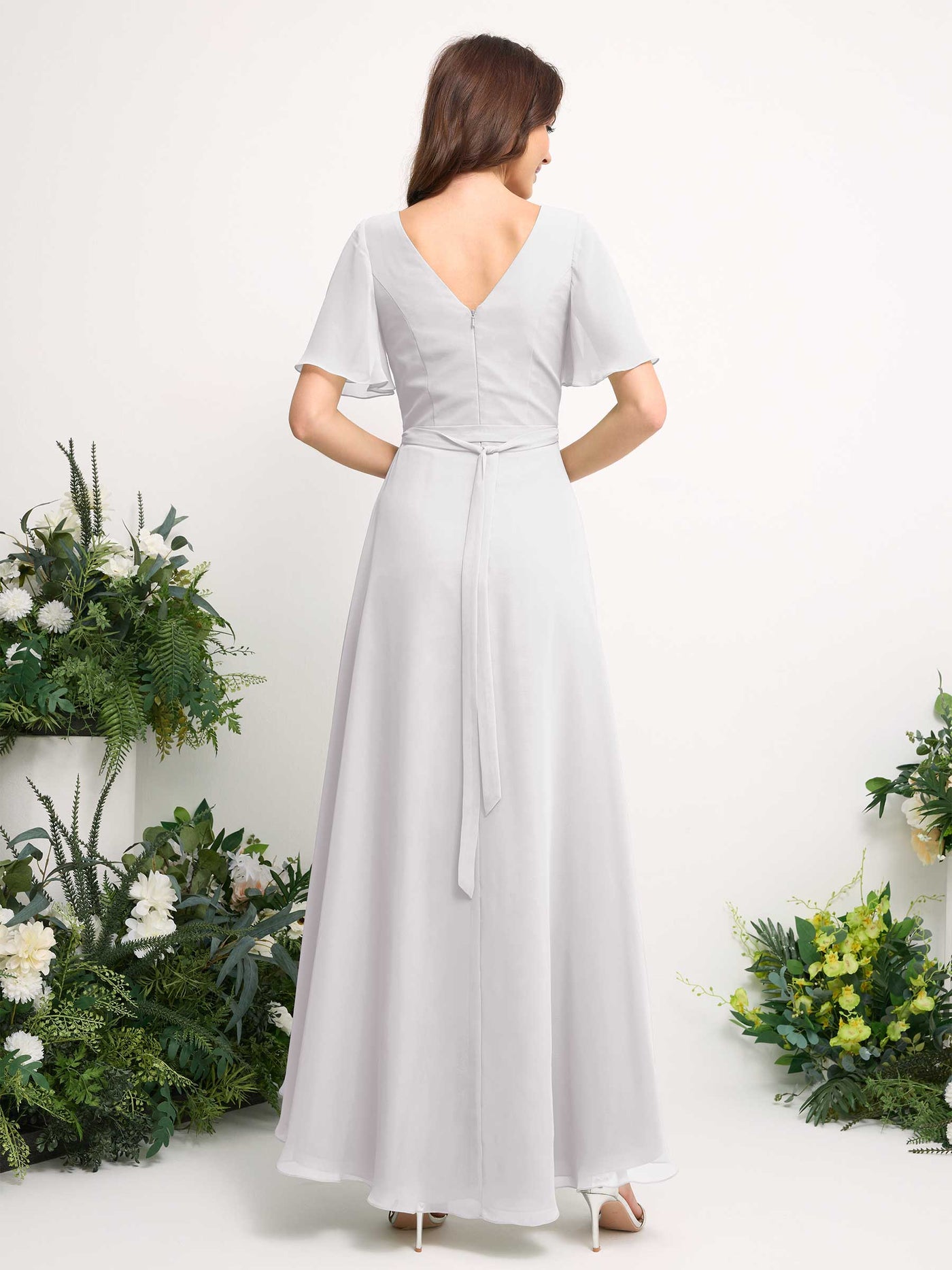 A-Line Asymmetric Chiffon Maxi Dress | V-Neck Short Sleeve Bridesmaid & Wedding Guest Dress #color_white