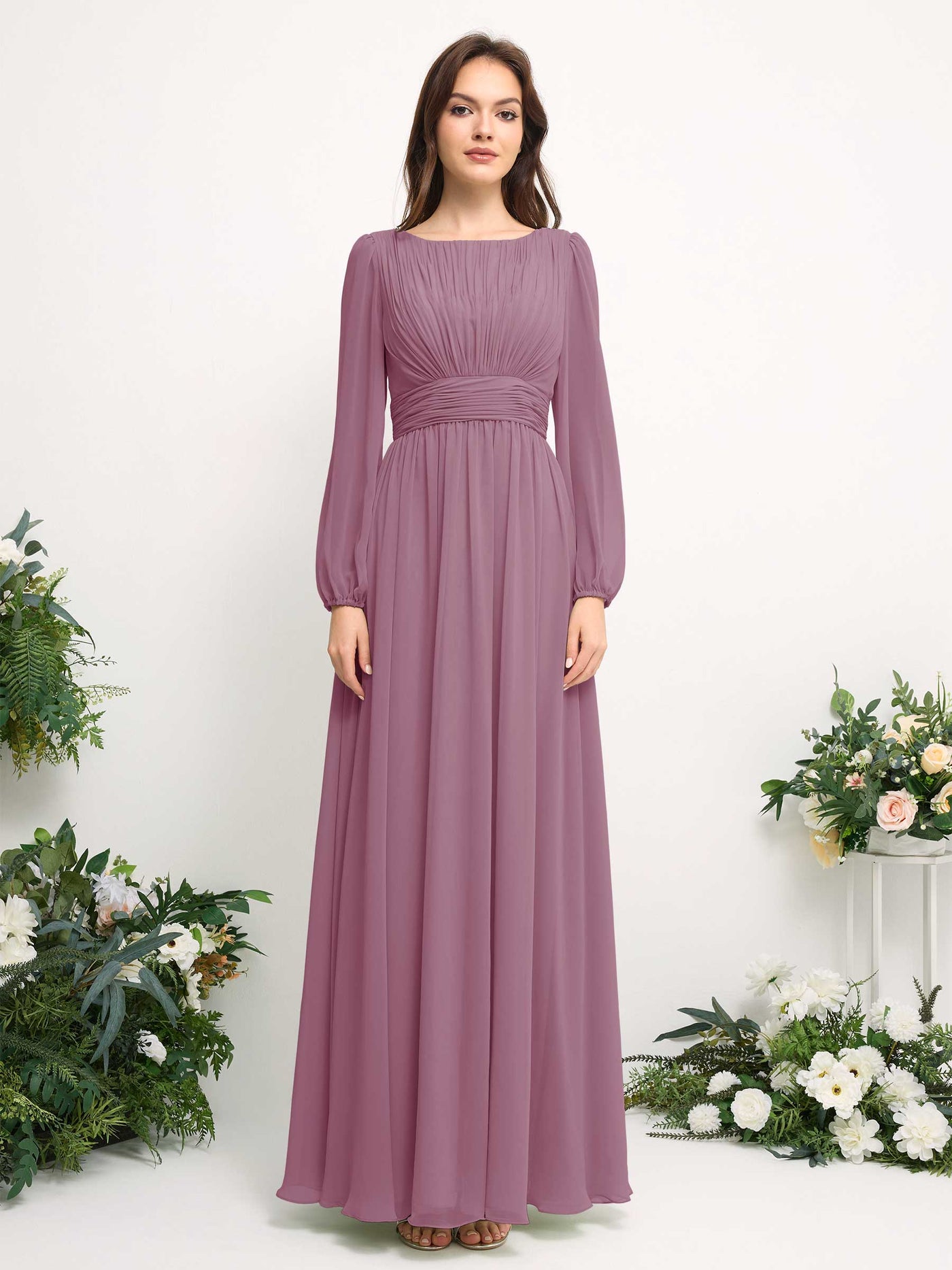 Boat Neck Long Sleeve Chiffon Maxi Dress | Elegant A-Line Bridesmaid & Wedding Guest Dress #color_vintage-mauve