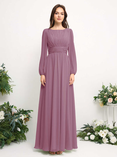 Boat Neck Long Sleeve Chiffon Maxi Dress | Elegant A-Line Bridesmaid & Wedding Guest Dress #color_vintage-mauve