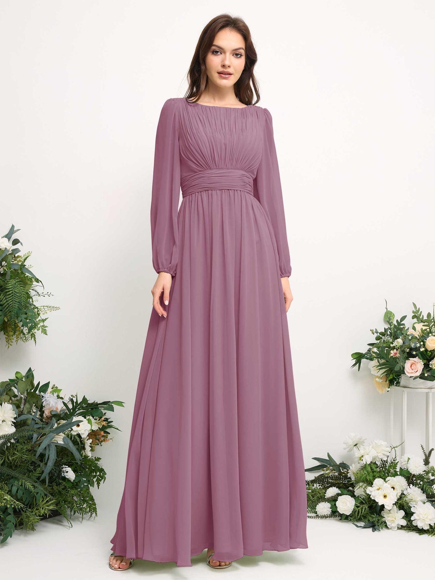 Boat Neck Long Sleeve Chiffon Maxi Dress | Elegant A-Line Bridesmaid & Wedding Guest Dress #color_vintage-mauve