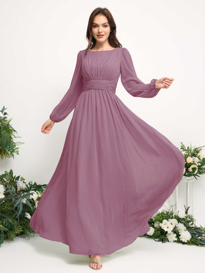 Boat Neck Long Sleeve Chiffon Maxi Dress | Elegant A-Line Bridesmaid & Wedding Guest Dress #color_vintage-mauve