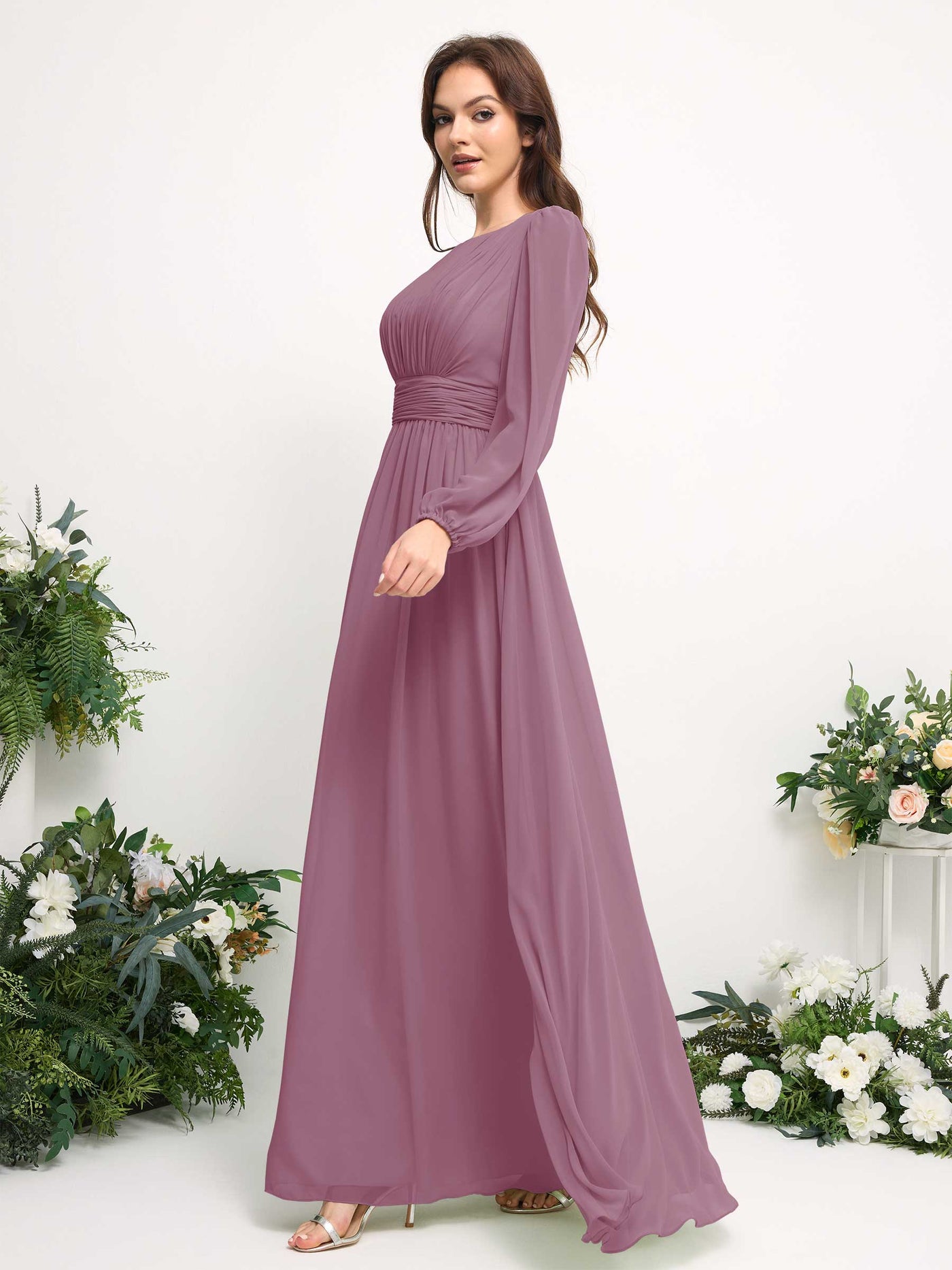 Boat Neck Long Sleeve Chiffon Maxi Dress | Elegant A-Line Bridesmaid & Wedding Guest Dress #color_vintage-mauve