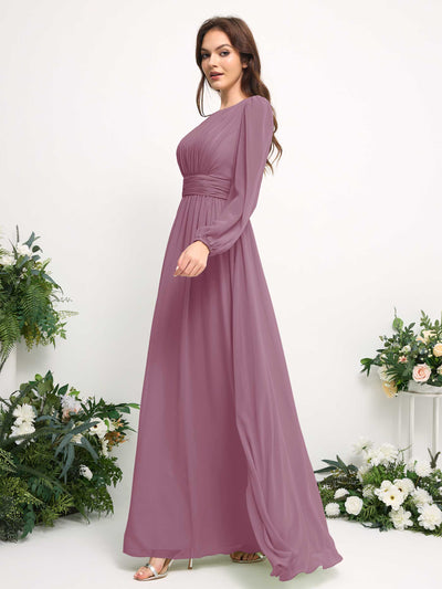 Boat Neck Long Sleeve Chiffon Maxi Dress | Elegant A-Line Bridesmaid & Wedding Guest Dress #color_vintage-mauve