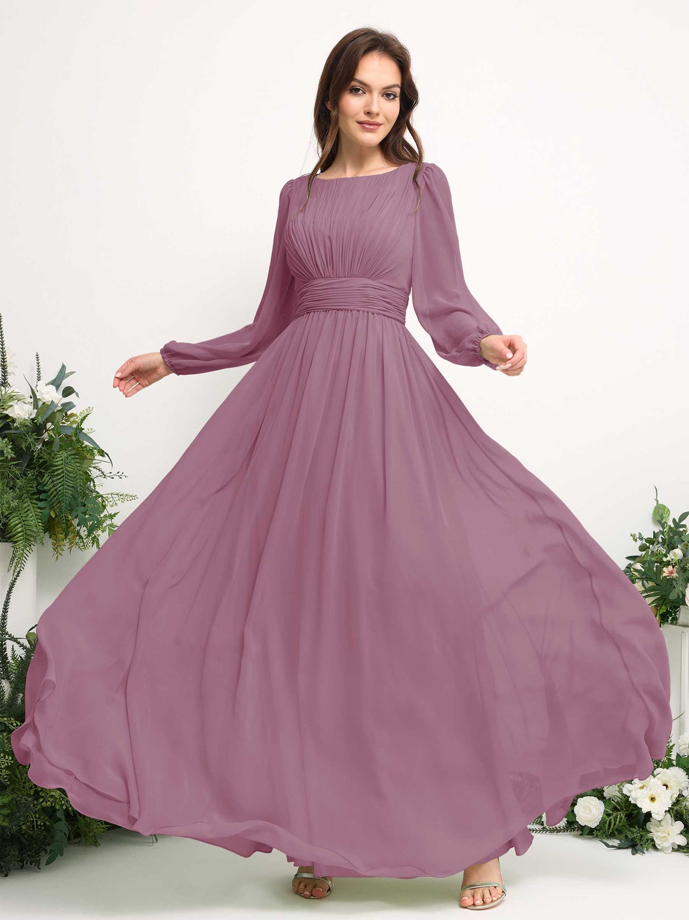 Boat Neck Long Sleeve Chiffon Maxi Dress | Elegant A-Line Bridesmaid & Wedding Guest Dress #color_vintage-mauve