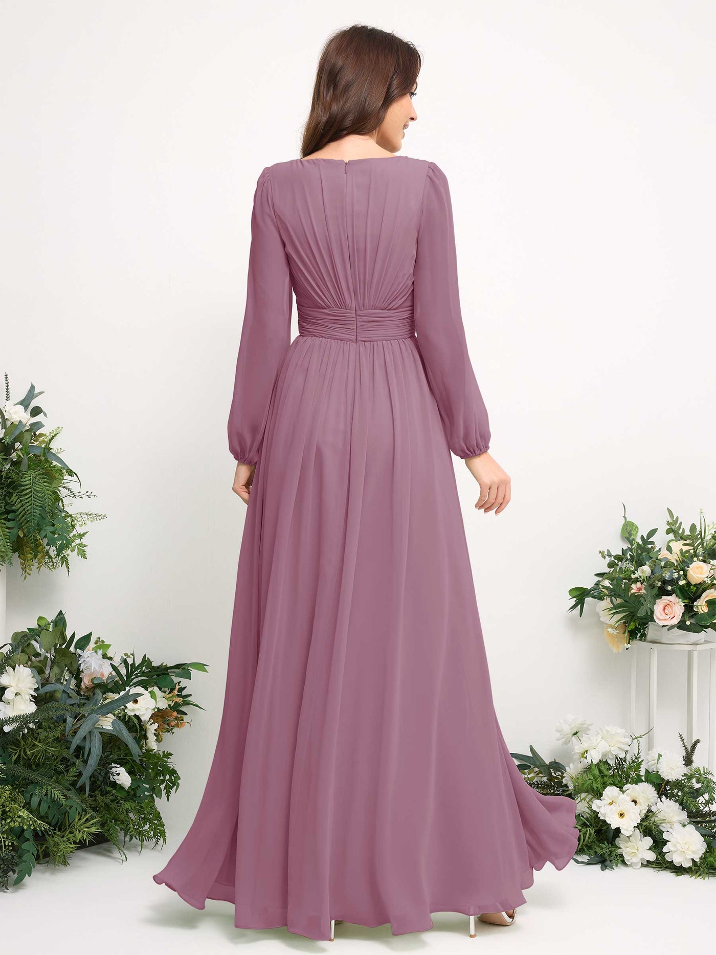 Boat Neck Long Sleeve Chiffon Maxi Dress | Elegant A-Line Bridesmaid & Wedding Guest Dress #color_vintage-mauve