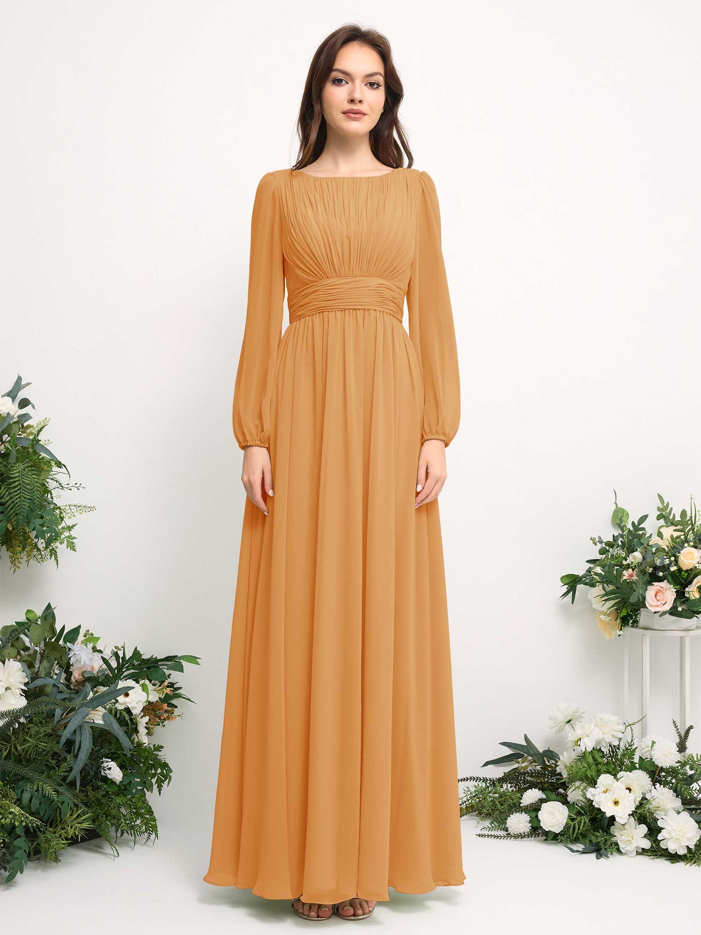 Boat Neck Long Sleeve Chiffon Maxi Dress | Elegant A-Line Bridesmaid & Wedding Guest Dress #color_mango