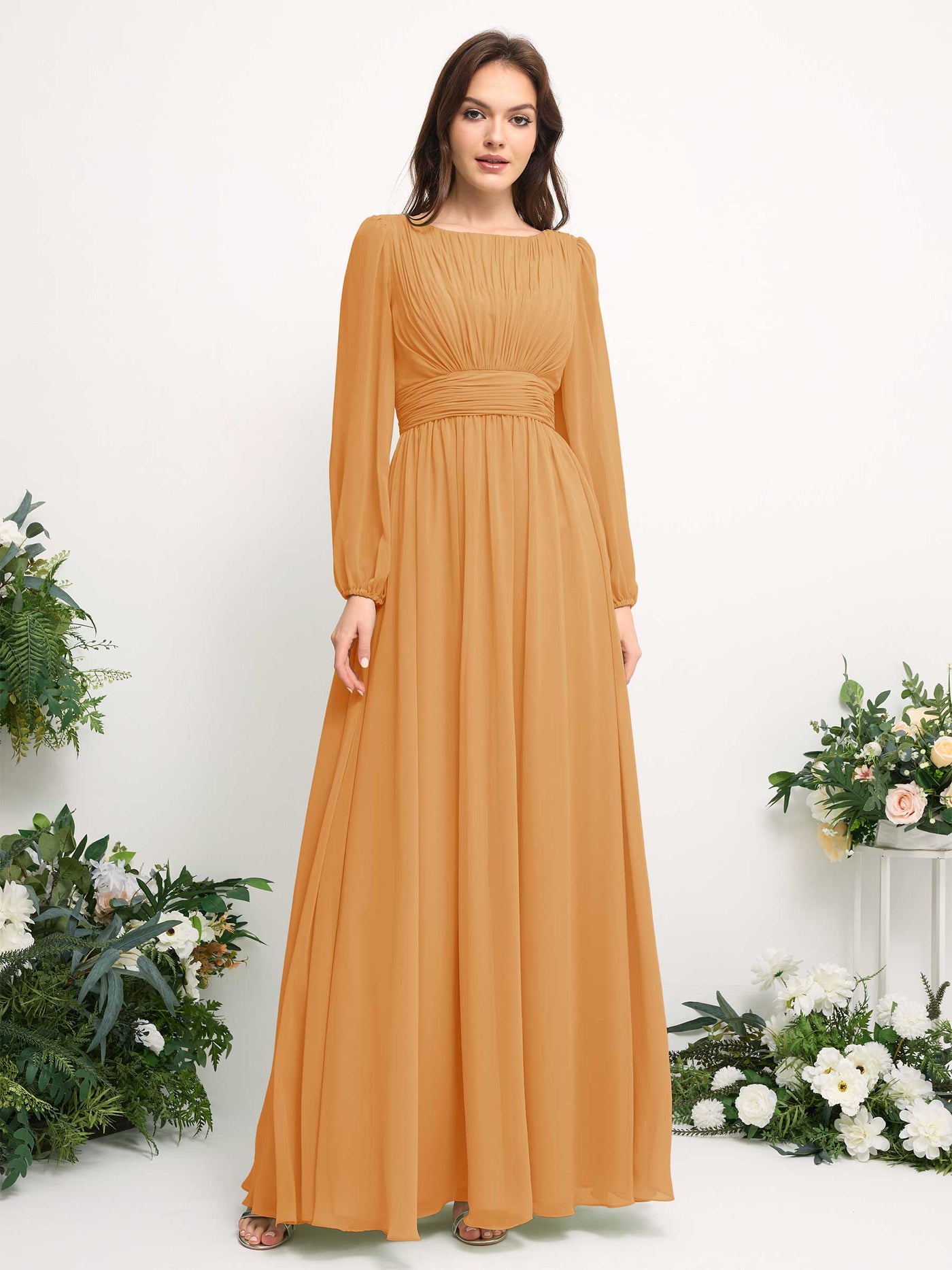 Boat Neck Long Sleeve Chiffon Maxi Dress | Elegant A-Line Bridesmaid & Wedding Guest Dress #color_mango