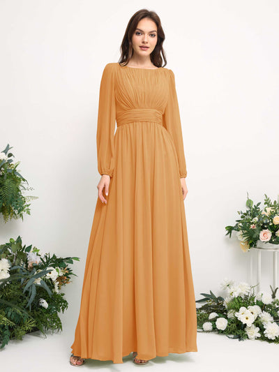 Boat Neck Long Sleeve Chiffon Maxi Dress | Elegant A-Line Bridesmaid & Wedding Guest Dress #color_mango