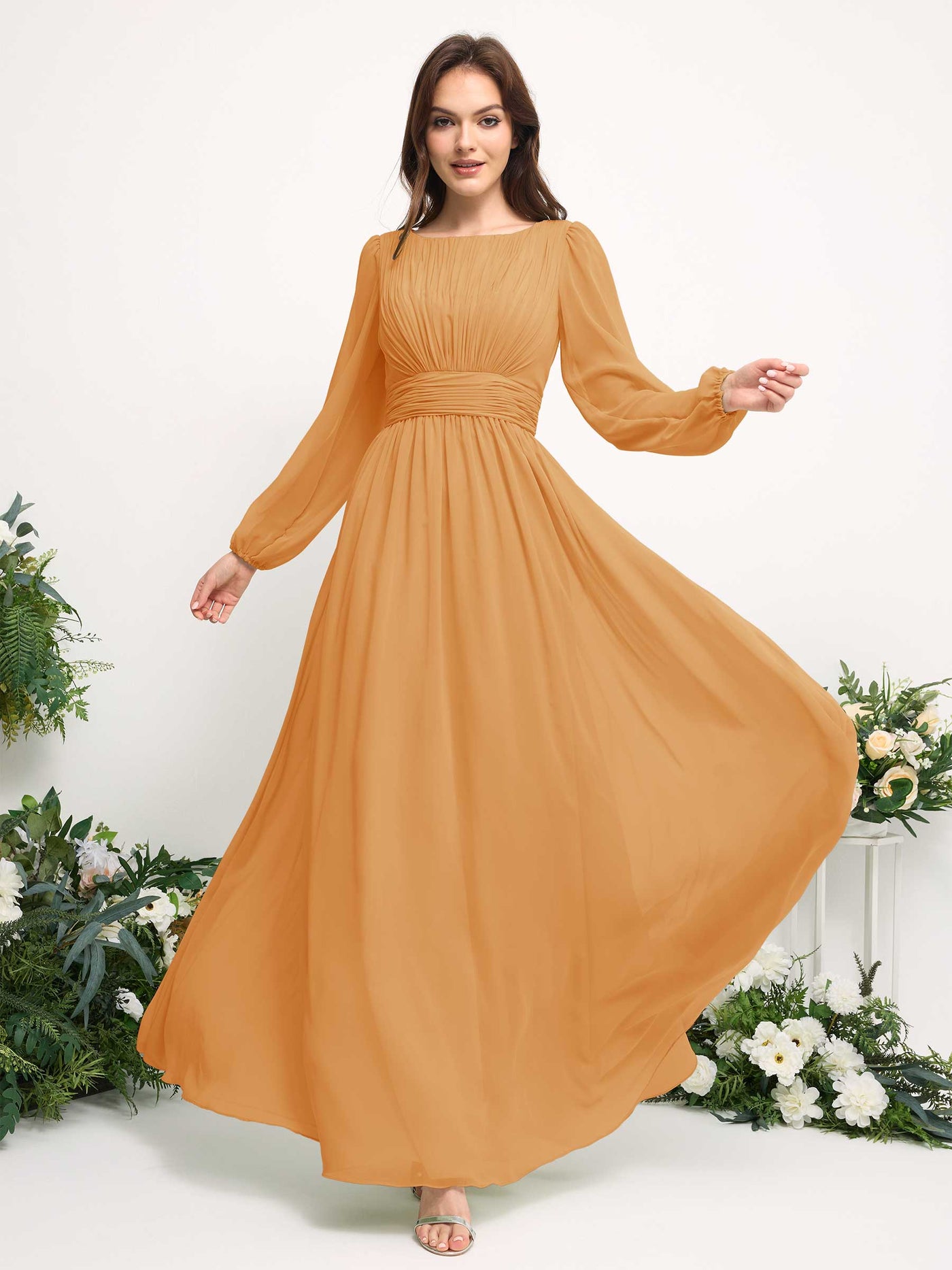 Boat Neck Long Sleeve Chiffon Maxi Dress | Elegant A-Line Bridesmaid & Wedding Guest Dress #color_mango