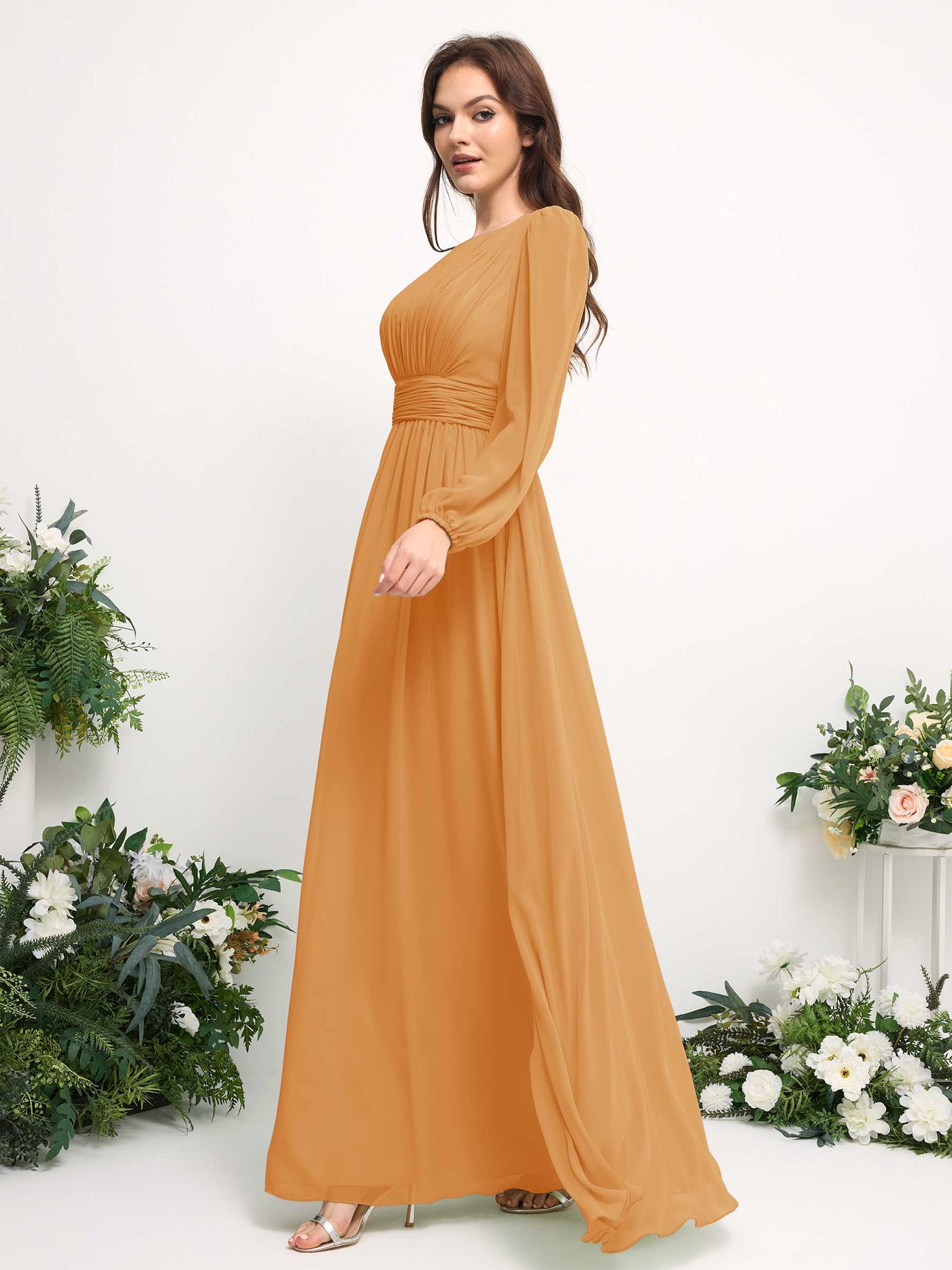 Boat Neck Long Sleeve Chiffon Maxi Dress | Elegant A-Line Bridesmaid & Wedding Guest Dress #color_mango