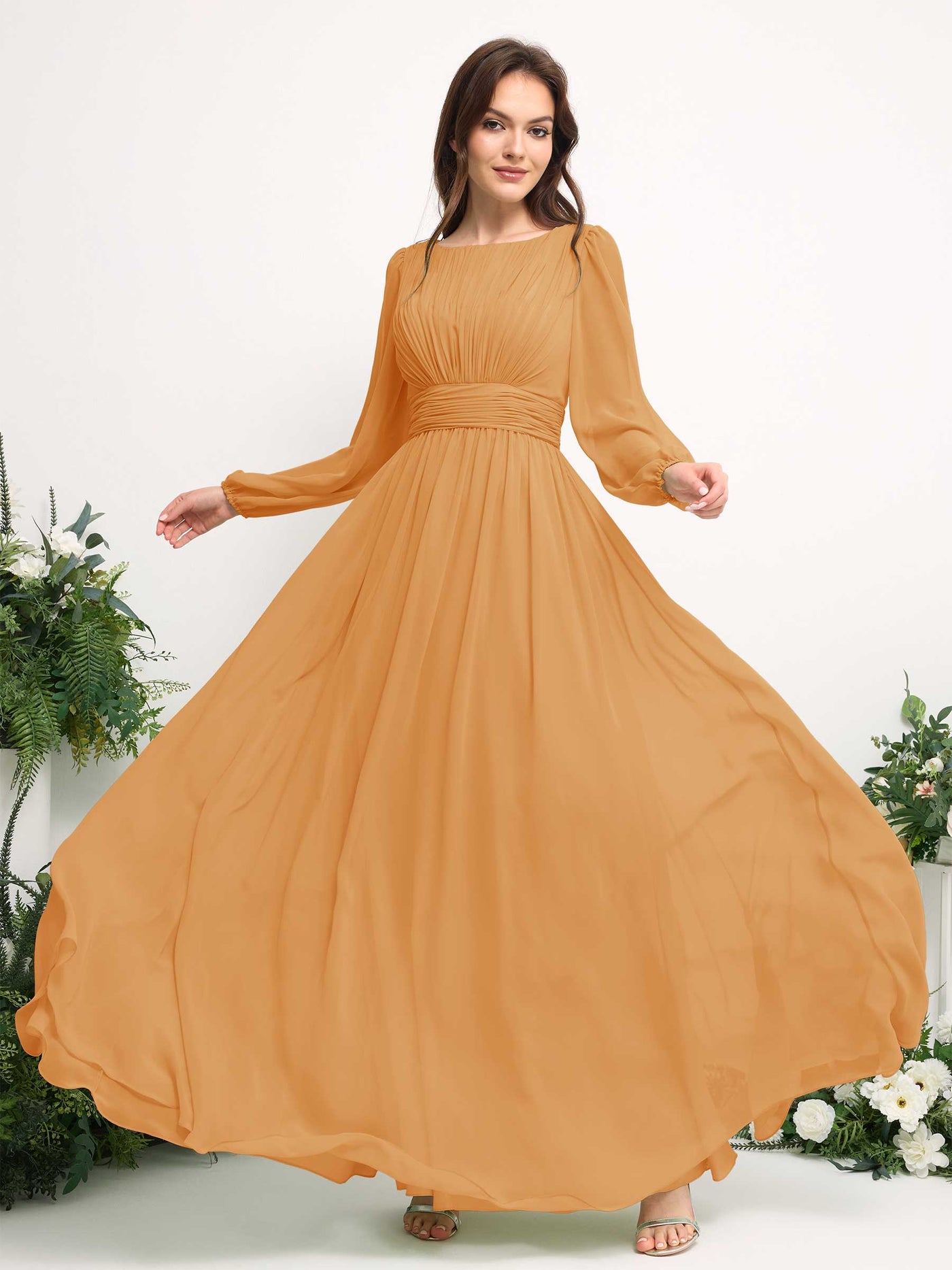 Boat Neck Long Sleeve Chiffon Maxi Dress | Elegant A-Line Bridesmaid & Wedding Guest Dress #color_mango