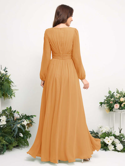 Boat Neck Long Sleeve Chiffon Maxi Dress | Elegant A-Line Bridesmaid & Wedding Guest Dress #color_mango