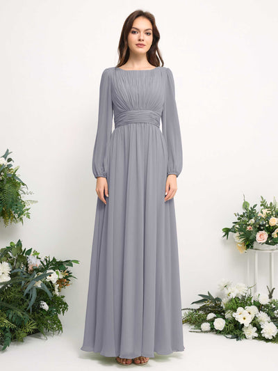 Boat Neck Long Sleeve Chiffon Maxi Dress | Elegant A-Line Bridesmaid & Wedding Guest Dress #color_dusty-lavender