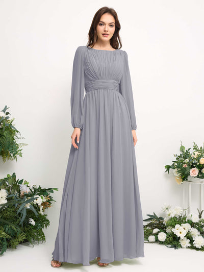 Boat Neck Long Sleeve Chiffon Maxi Dress | Elegant A-Line Bridesmaid & Wedding Guest Dress #color_dusty-lavender