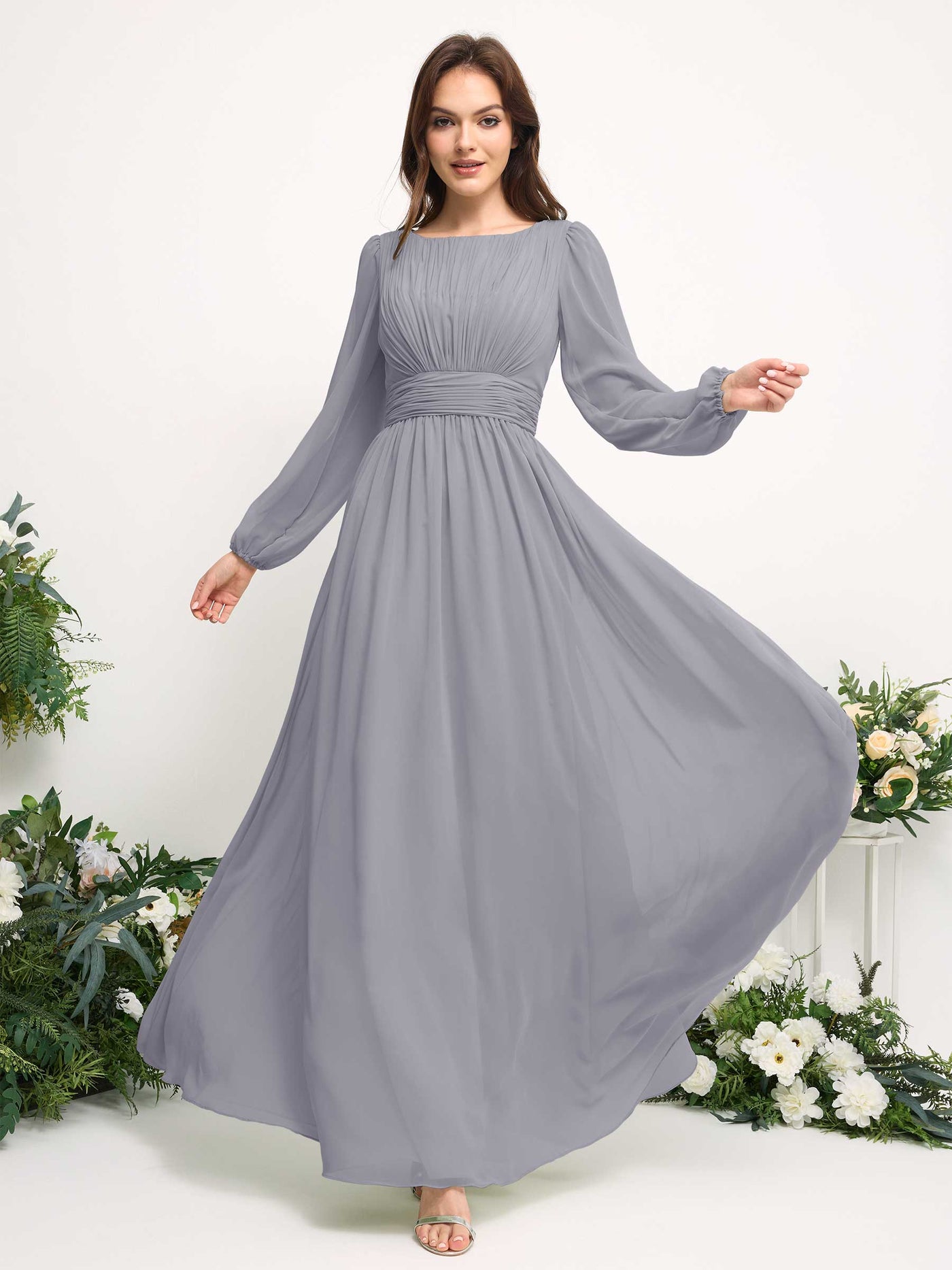 Boat Neck Long Sleeve Chiffon Maxi Dress | Elegant A-Line Bridesmaid & Wedding Guest Dress #color_dusty-lavender