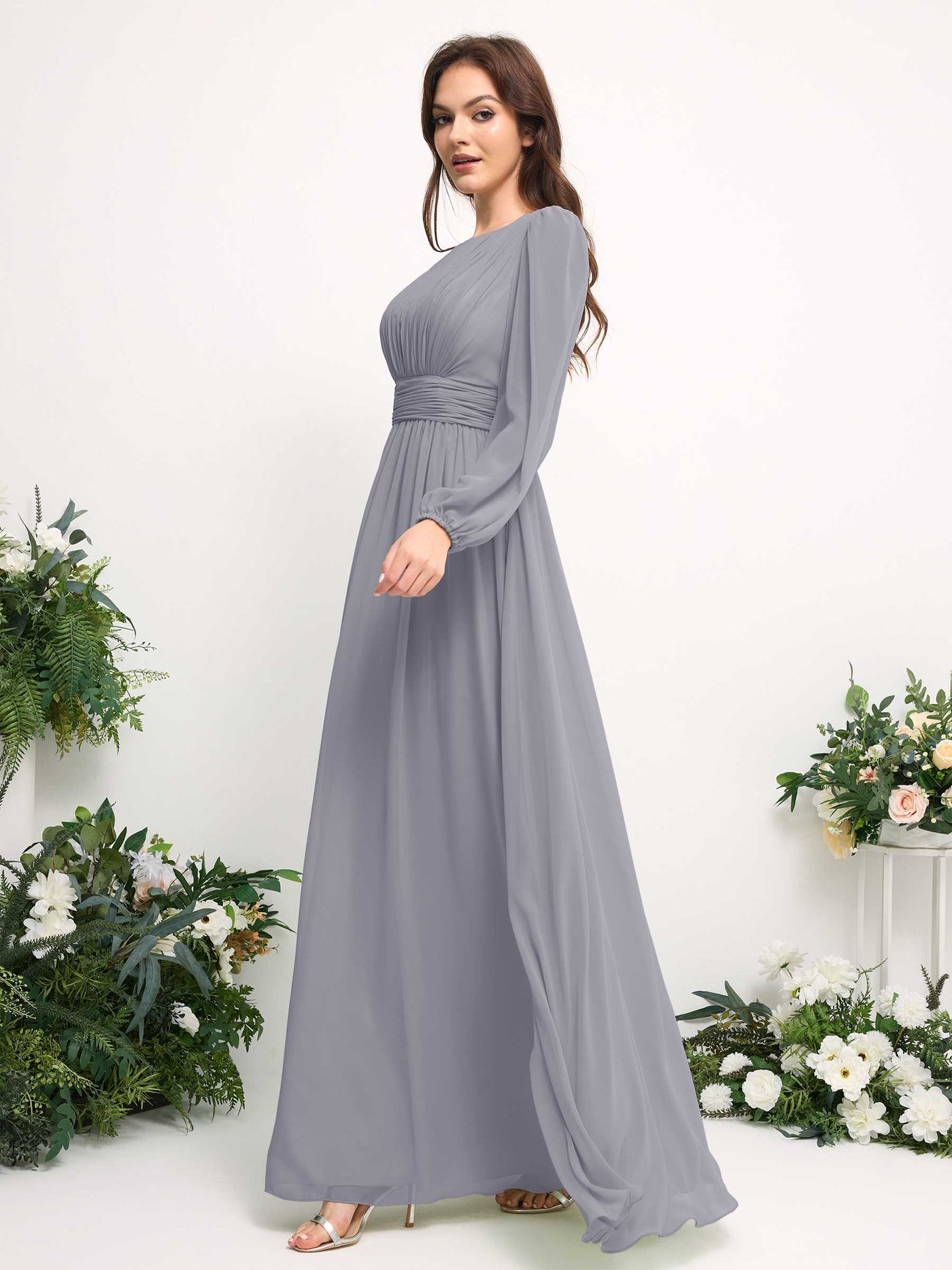 Boat Neck Long Sleeve Chiffon Maxi Dress | Elegant A-Line Bridesmaid & Wedding Guest Dress #color_dusty-lavender