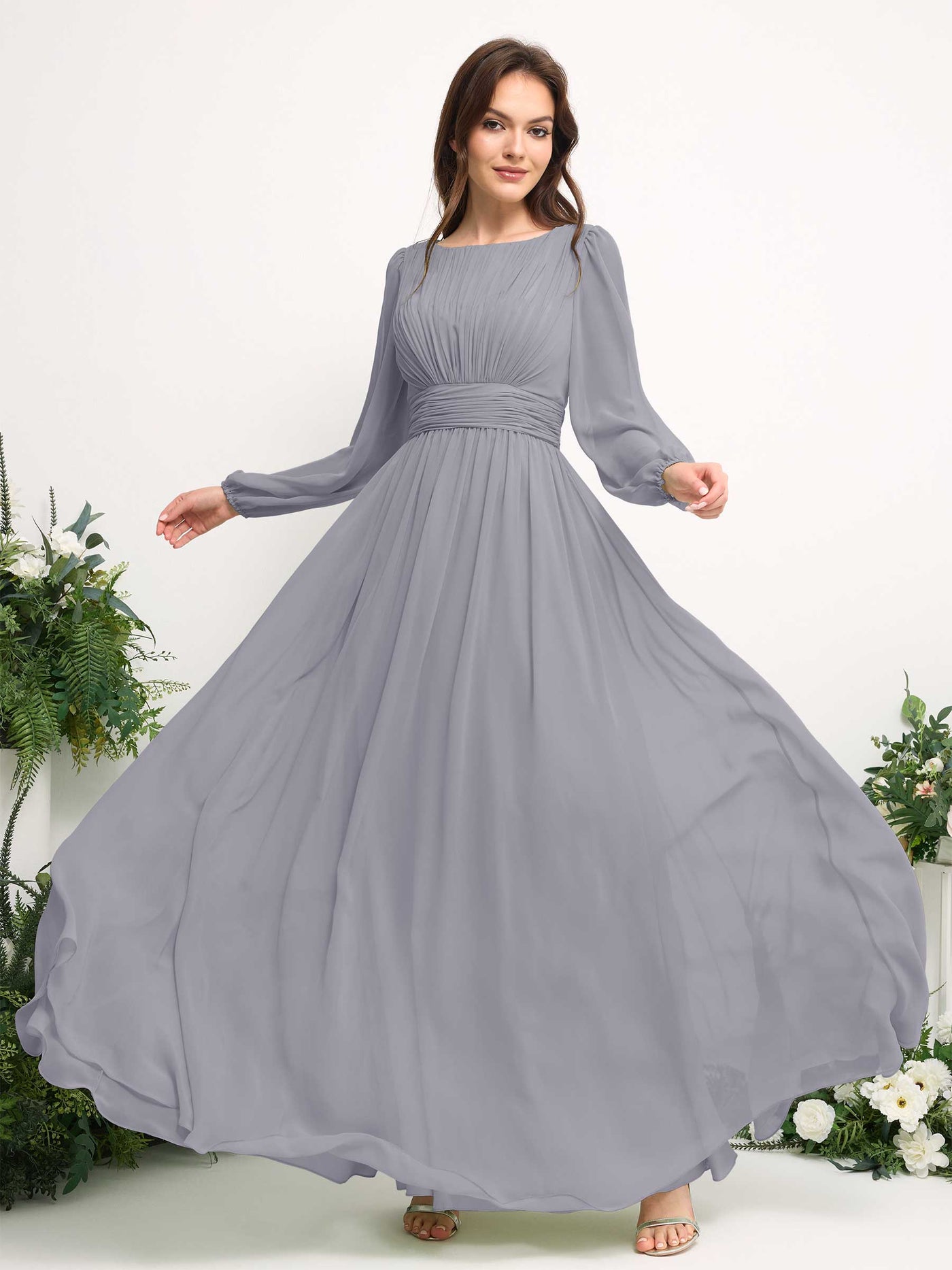 Boat Neck Long Sleeve Chiffon Maxi Dress | Elegant A-Line Bridesmaid & Wedding Guest Dress #color_dusty-lavender