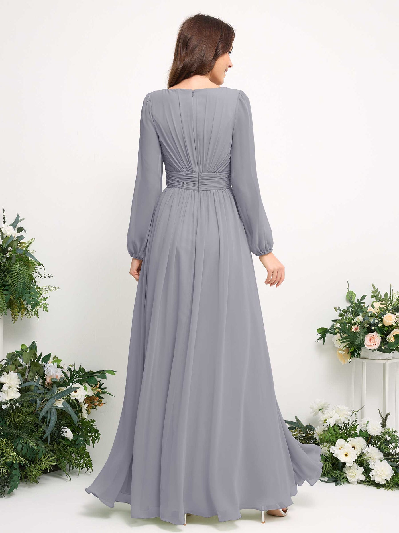 Boat Neck Long Sleeve Chiffon Maxi Dress | Elegant A-Line Bridesmaid & Wedding Guest Dress #color_dusty-lavender