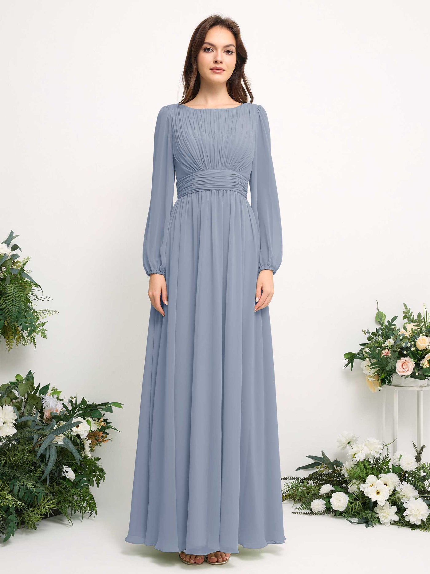 Boat Neck Long Sleeve Chiffon Maxi Dress | Elegant A-Line Bridesmaid & Wedding Guest Dress #color_dusty-blue-upgrade