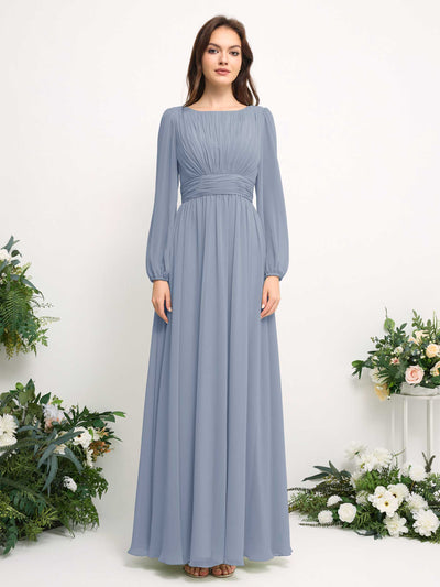 Boat Neck Long Sleeve Chiffon Maxi Dress | Elegant A-Line Bridesmaid & Wedding Guest Dress #color_dusty-blue-upgrade