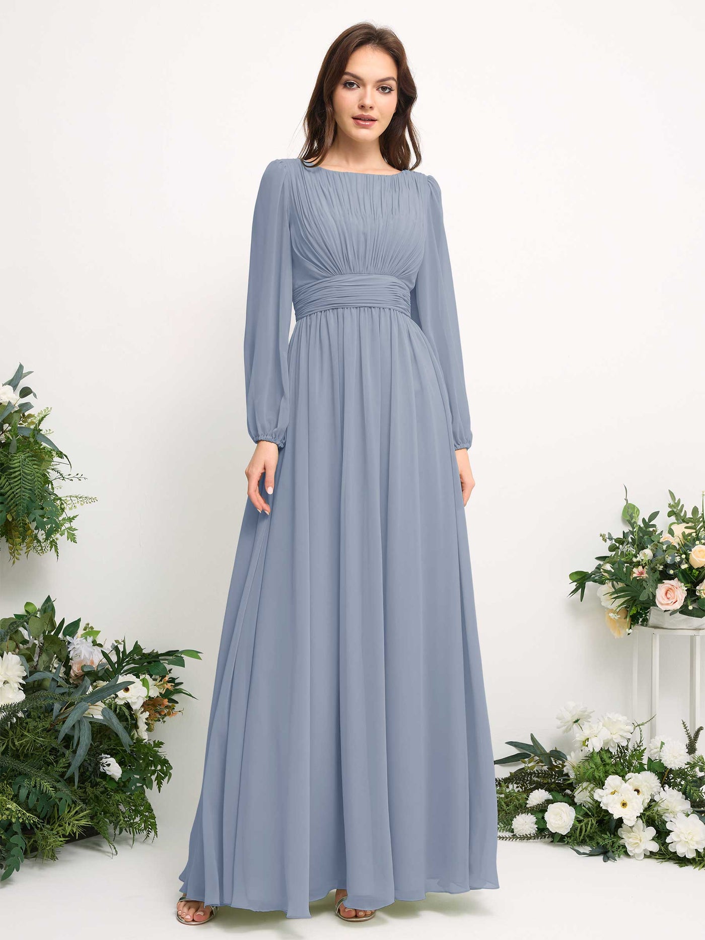 Boat Neck Long Sleeve Chiffon Maxi Dress | Elegant A-Line Bridesmaid & Wedding Guest Dress #color_dusty-blue-upgrade