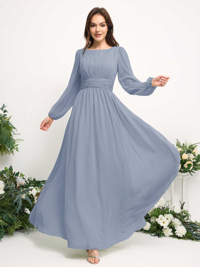 Boat Neck Long Sleeve Chiffon Maxi Dress | Elegant A-Line Bridesmaid & Wedding Guest Dress #color_dusty-blue-upgrade