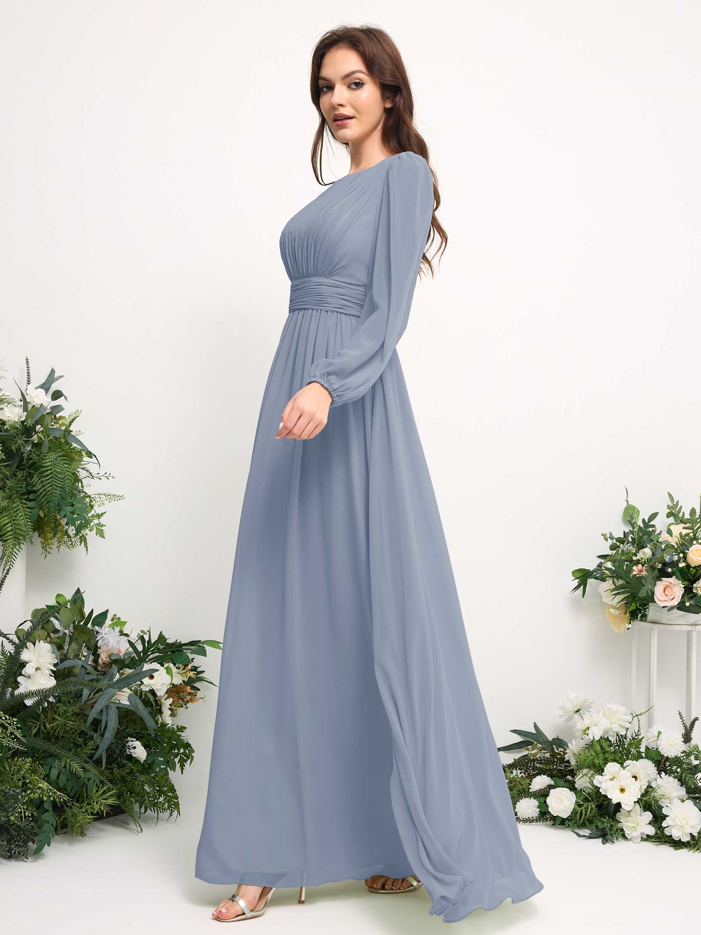 Boat Neck Long Sleeve Chiffon Maxi Dress | Elegant A-Line Bridesmaid & Wedding Guest Dress #color_dusty-blue-upgrade