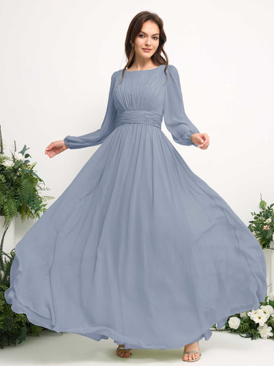Boat Neck Long Sleeve Chiffon Maxi Dress | Elegant A-Line Bridesmaid & Wedding Guest Dress #color_dusty-blue-upgrade