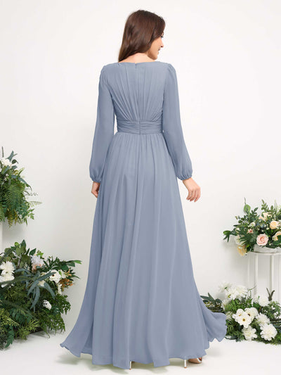 Boat Neck Long Sleeve Chiffon Maxi Dress | Elegant A-Line Bridesmaid & Wedding Guest Dress #color_dusty-blue-upgrade