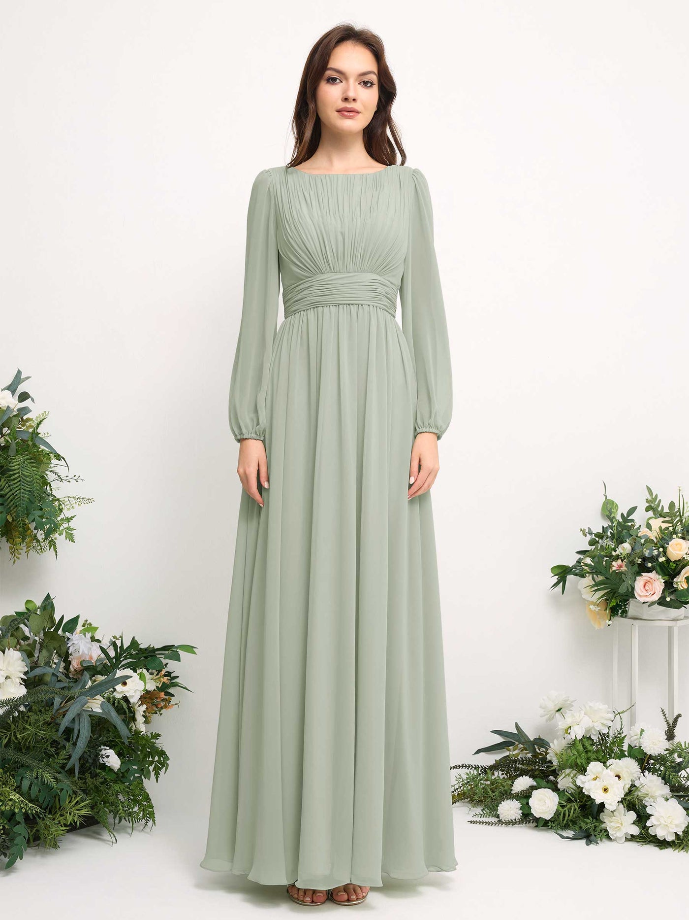 Boat Neck Long Sleeve Chiffon Maxi Dress | Elegant A-Line Bridesmaid & Wedding Guest Dress #color_sage-green