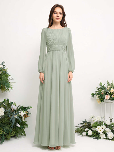 Boat Neck Long Sleeve Chiffon Maxi Dress | Elegant A-Line Bridesmaid & Wedding Guest Dress #color_sage-green