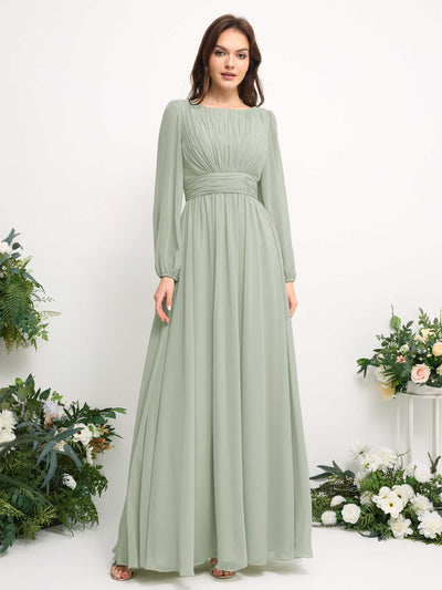 Boat Neck Long Sleeve Chiffon Maxi Dress | Elegant A-Line Bridesmaid & Wedding Guest Dress #color_sage-green