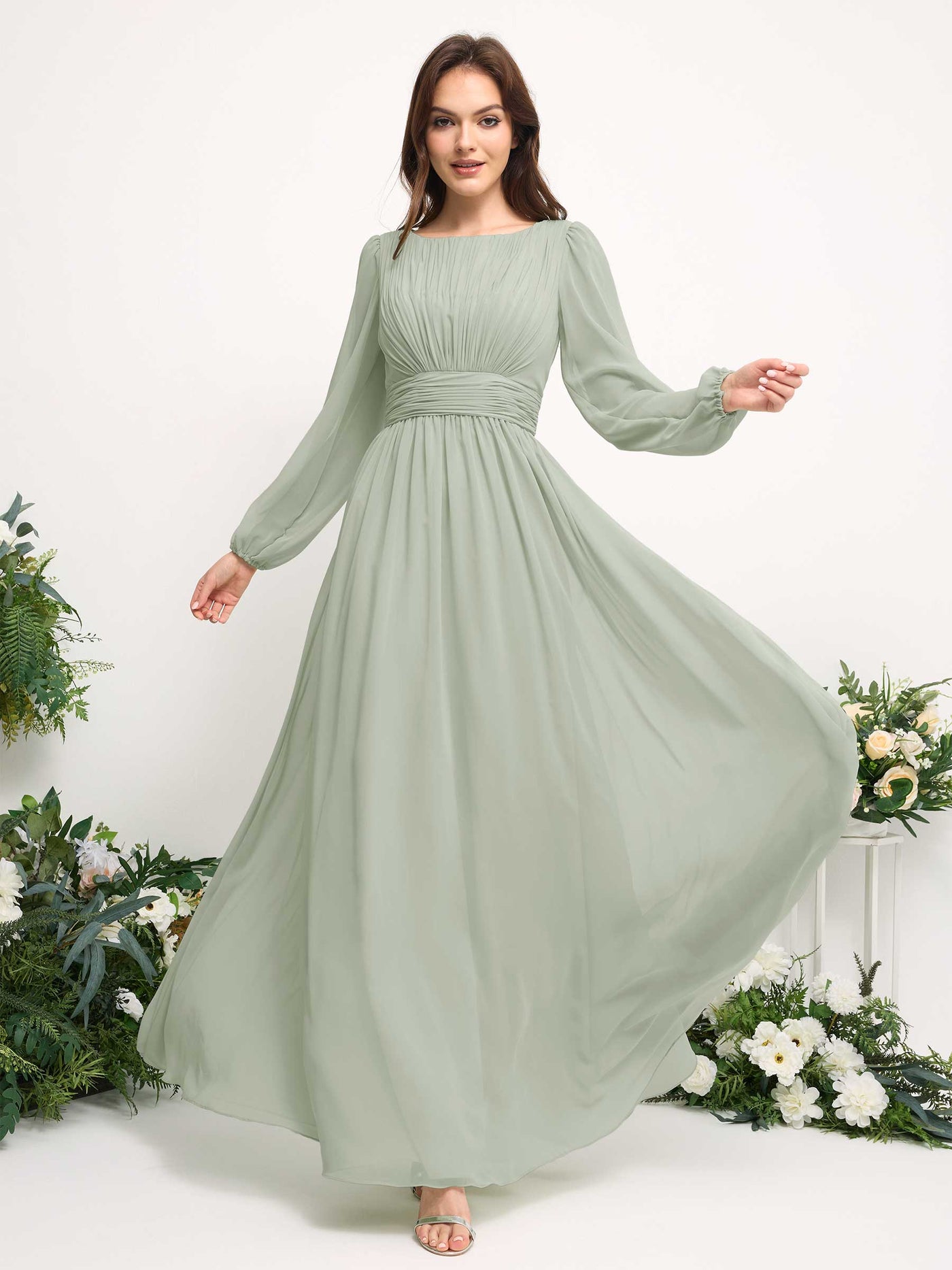 Boat Neck Long Sleeve Chiffon Maxi Dress | Elegant A-Line Bridesmaid & Wedding Guest Dress #color_sage-green