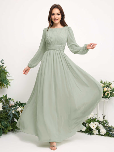 Boat Neck Long Sleeve Chiffon Maxi Dress | Elegant A-Line Bridesmaid & Wedding Guest Dress #color_sage-green