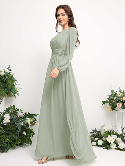 Boat Neck Long Sleeve Chiffon Maxi Dress | Elegant A-Line Bridesmaid & Wedding Guest Dress #color_sage-green