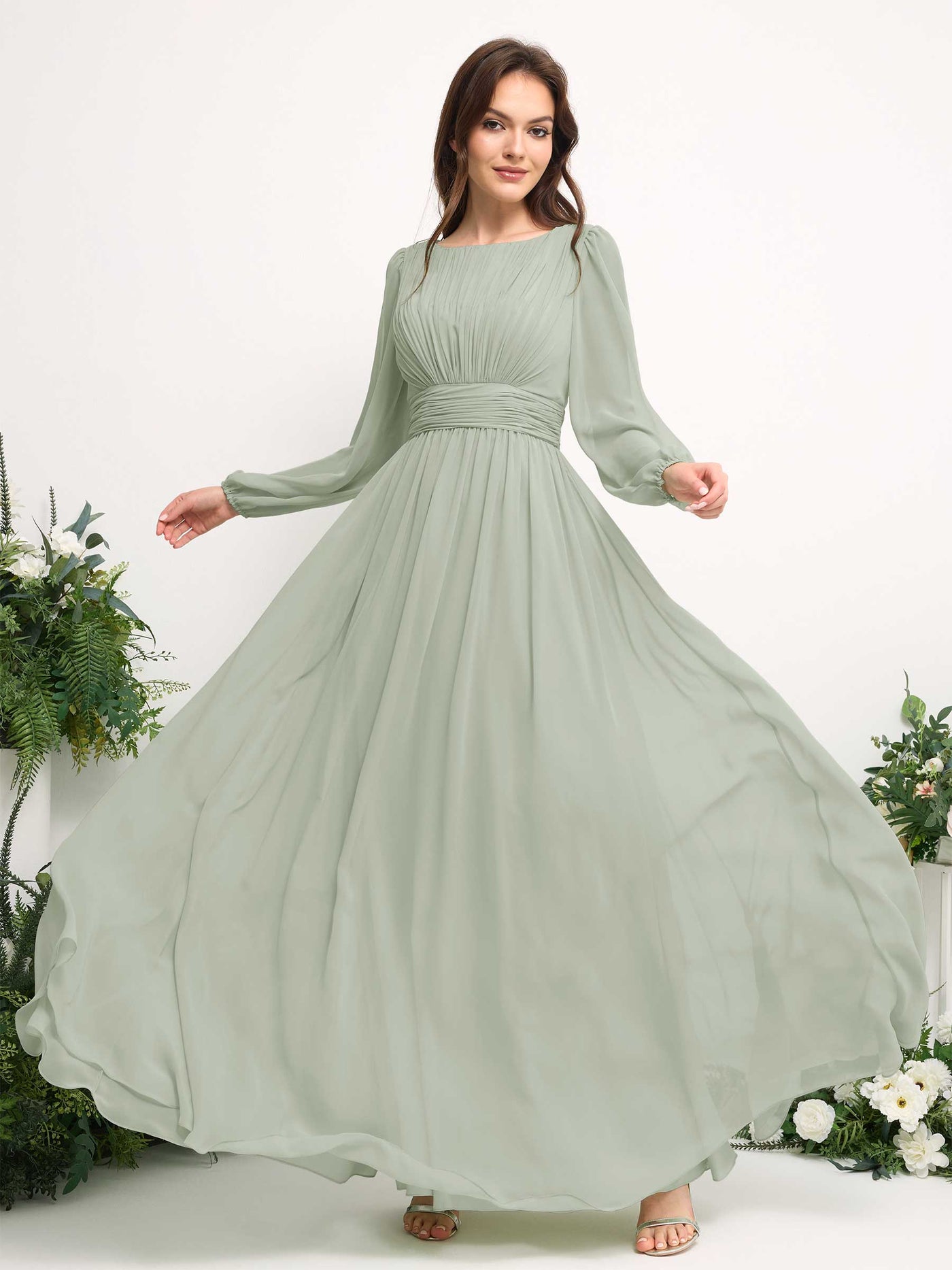 Boat Neck Long Sleeve Chiffon Maxi Dress | Elegant A-Line Bridesmaid & Wedding Guest Dress #color_sage-green