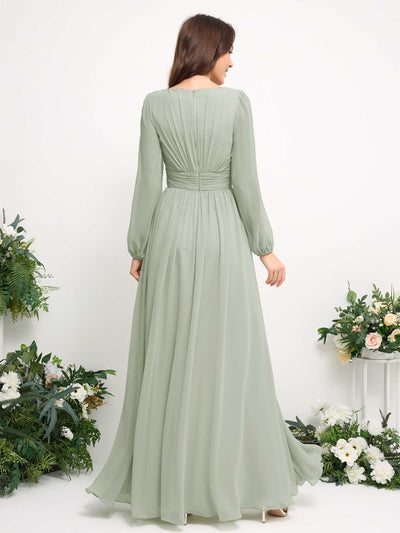 Boat Neck Long Sleeve Chiffon Maxi Dress | Elegant A-Line Bridesmaid & Wedding Guest Dress #color_sage-green