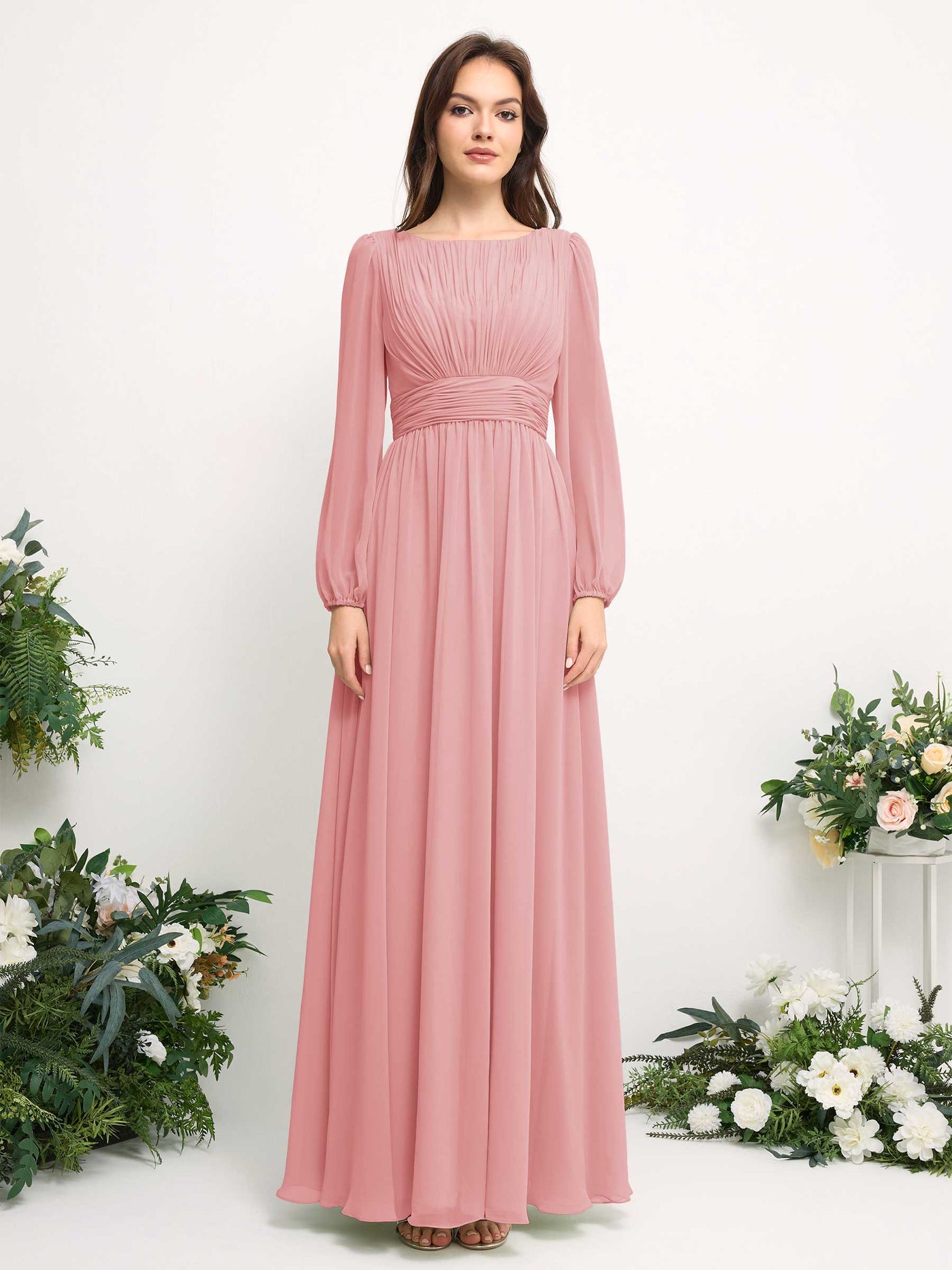 Boat Neck Long Sleeve Chiffon Maxi Dress | Elegant A-Line Bridesmaid & Wedding Guest Dress #color_champagne-rose