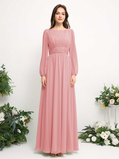 Boat Neck Long Sleeve Chiffon Maxi Dress | Elegant A-Line Bridesmaid & Wedding Guest Dress #color_champagne-rose