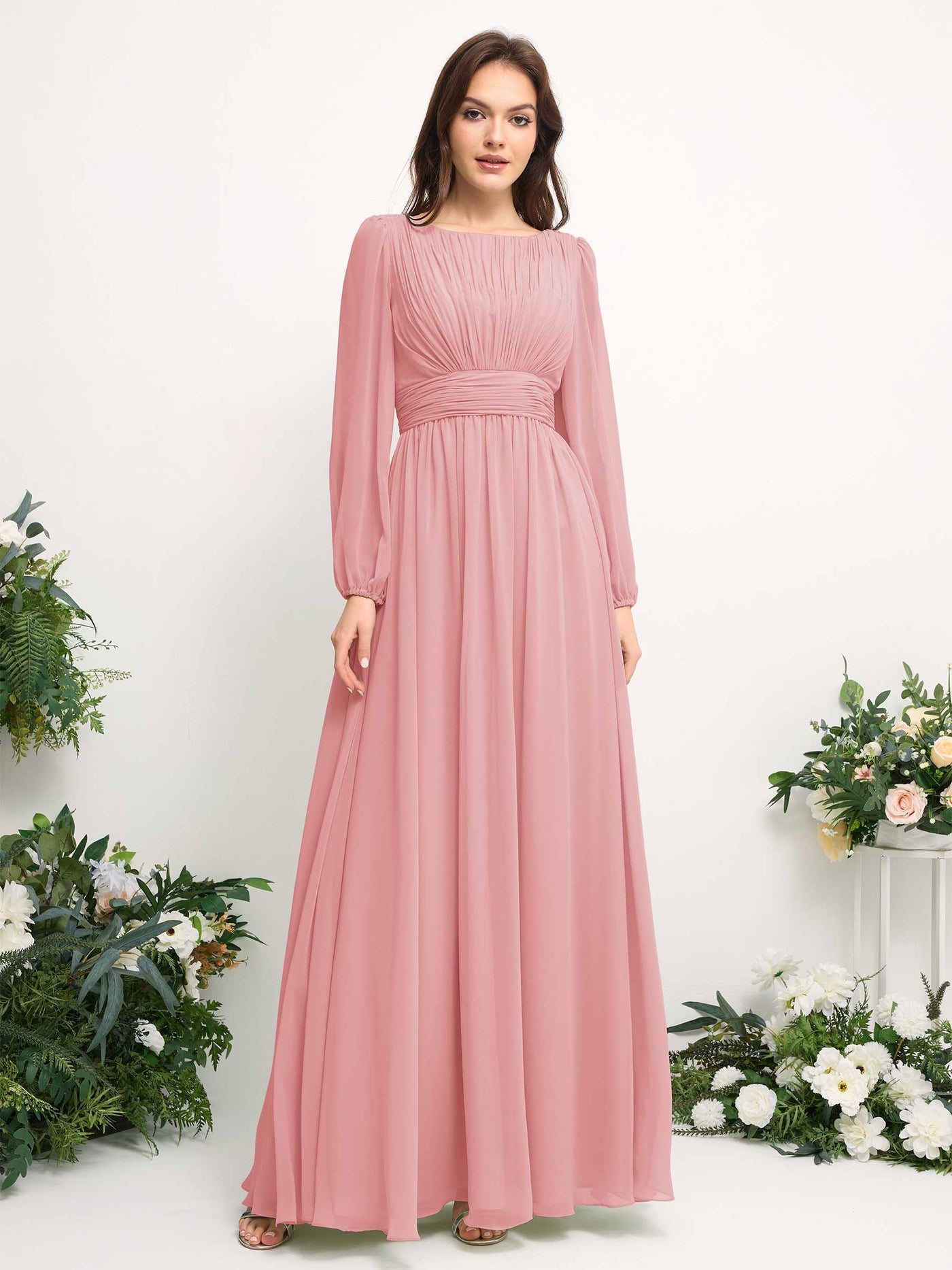 Boat Neck Long Sleeve Chiffon Maxi Dress | Elegant A-Line Bridesmaid & Wedding Guest Dress #color_champagne-rose