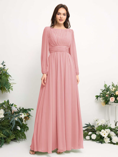 Boat Neck Long Sleeve Chiffon Maxi Dress | Elegant A-Line Bridesmaid & Wedding Guest Dress #color_champagne-rose