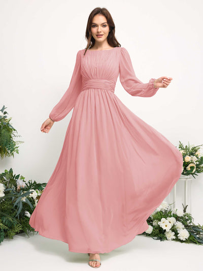 Boat Neck Long Sleeve Chiffon Maxi Dress | Elegant A-Line Bridesmaid & Wedding Guest Dress #color_champagne-rose