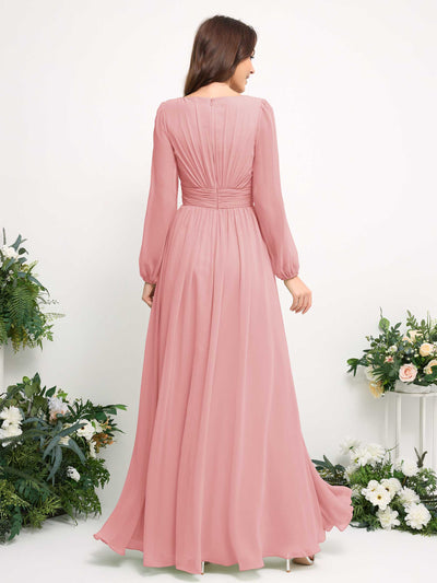 Boat Neck Long Sleeve Chiffon Maxi Dress | Elegant A-Line Bridesmaid & Wedding Guest Dress #color_champagne-rose