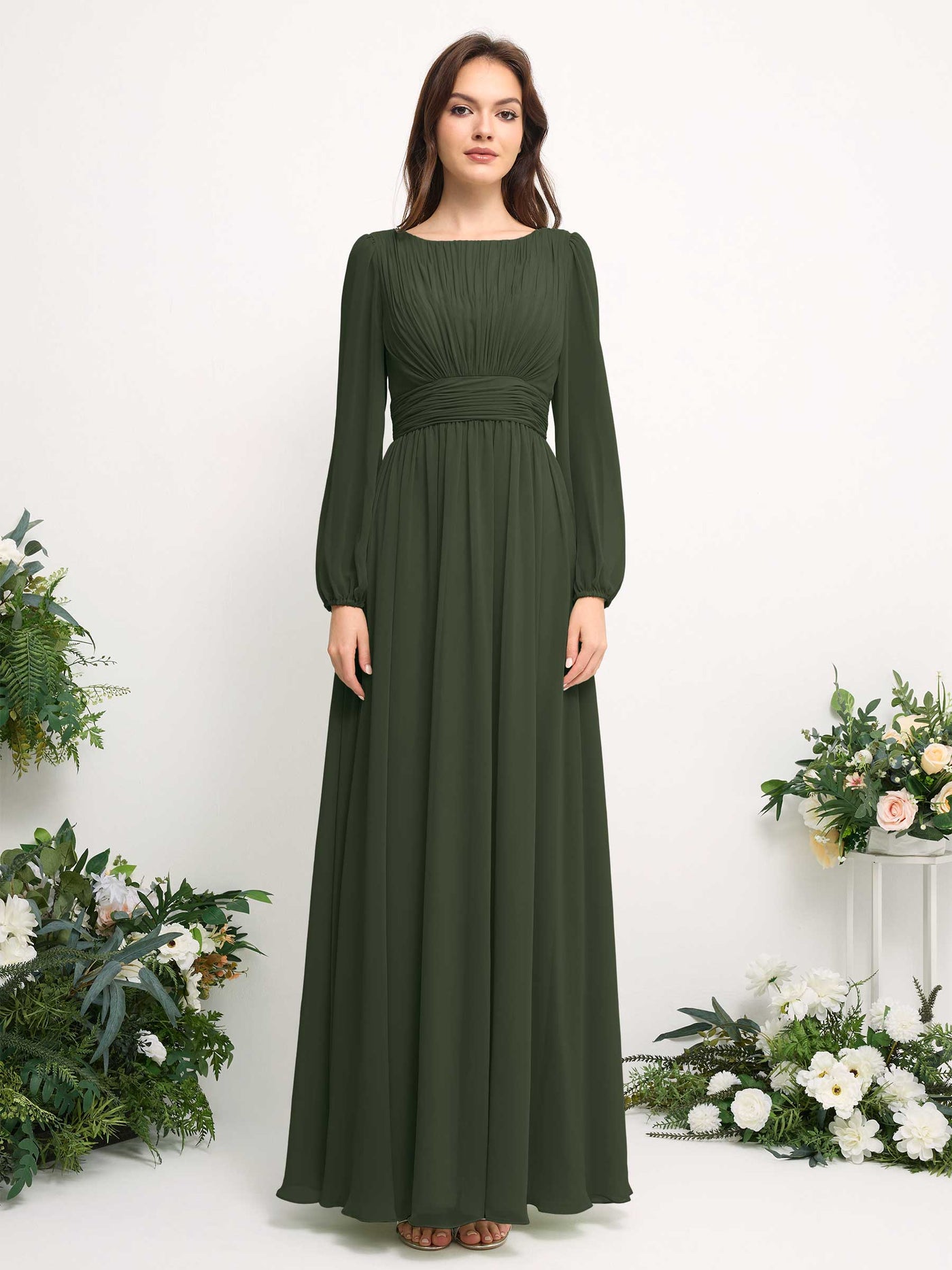 Boat Neck Long Sleeve Chiffon Maxi Dress | Elegant A-Line Bridesmaid & Wedding Guest Dress #color_martini-olive