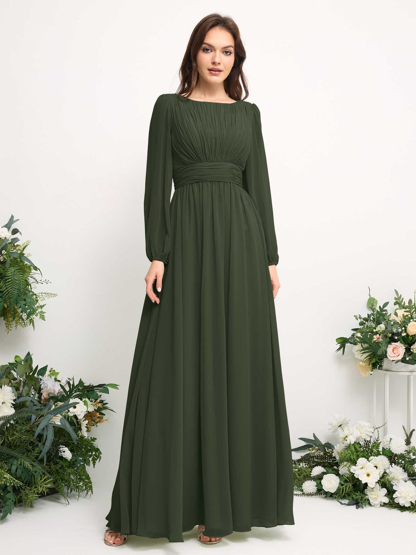 Boat Neck Long Sleeve Chiffon Maxi Dress | Elegant A-Line Bridesmaid & Wedding Guest Dress #color_martini-olive