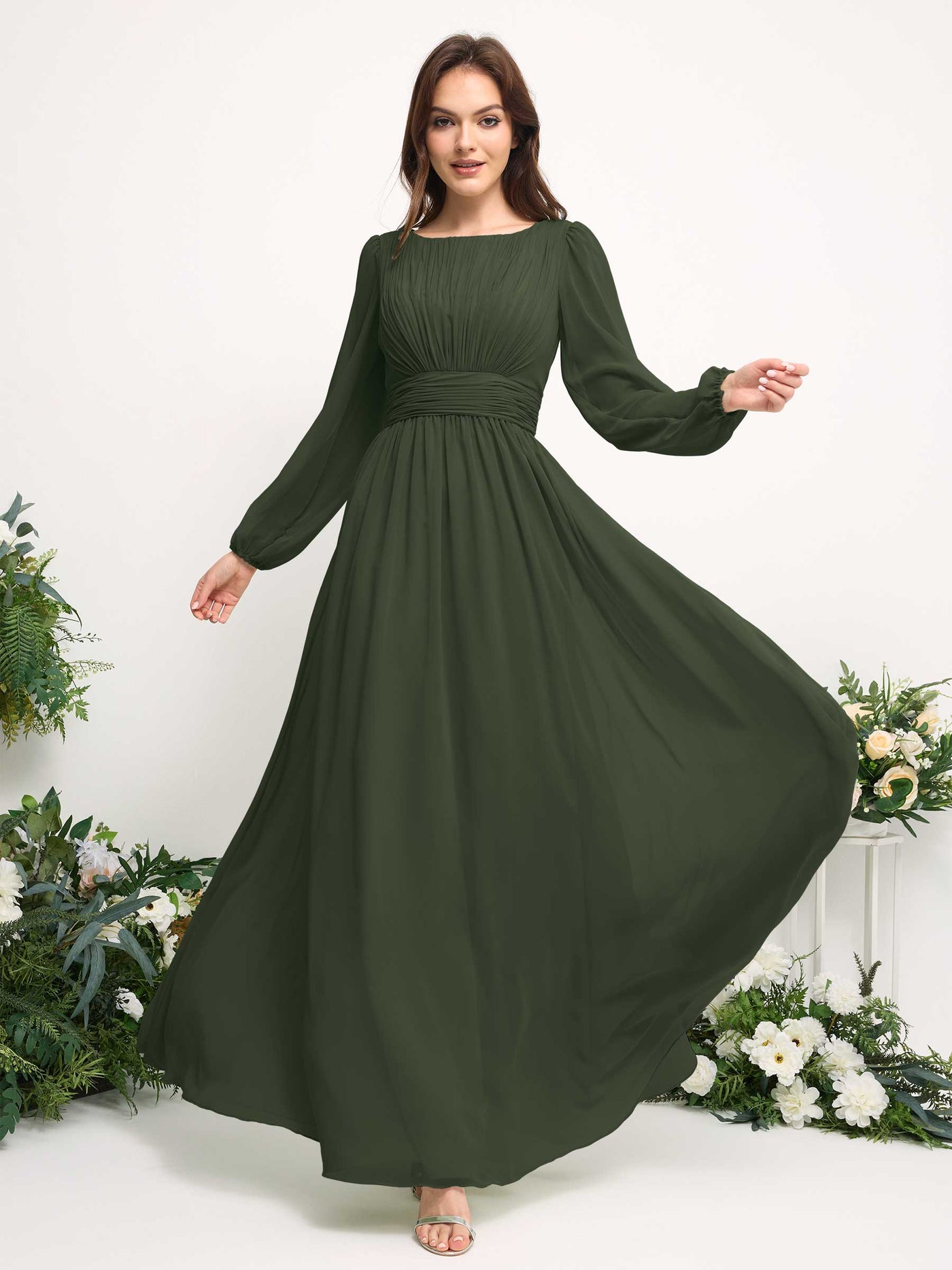 Boat Neck Long Sleeve Chiffon Maxi Dress | Elegant A-Line Bridesmaid & Wedding Guest Dress #color_martini-olive